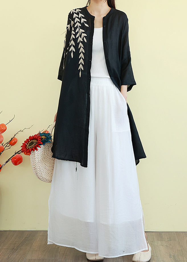 Belles robes chemises en lin brodées noires d'été TM003