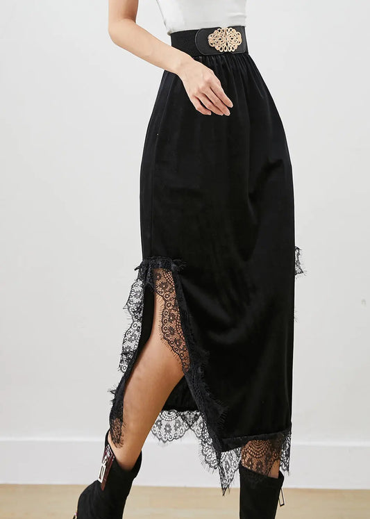 Beautiful Black Lace Patchwork Side Open Silk Velour Skirts Fall Ada Fashion