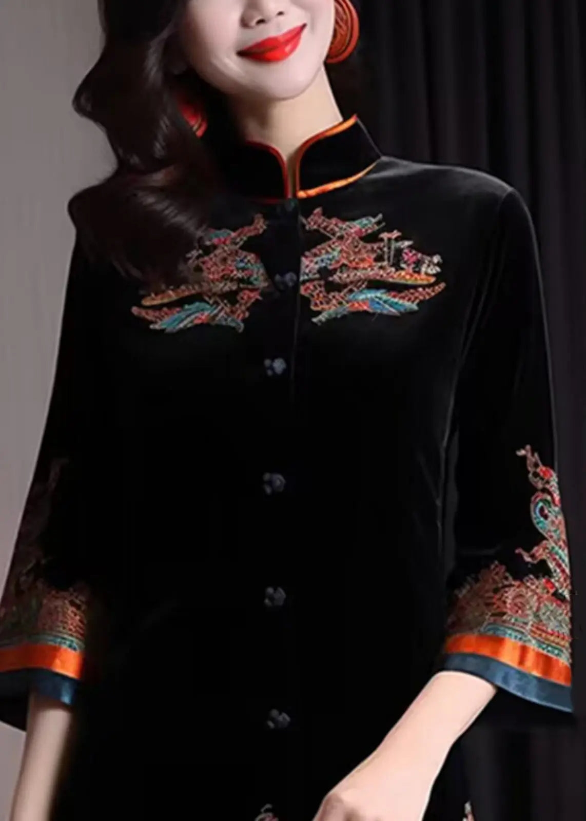 Beautiful Black Stand Collar Embroidered Button Silk Velour Coats Fall Ada Fashion