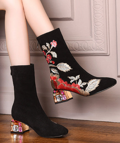 Beautiful Black Zircon Embroidered Suede Chunky Boots RT1074