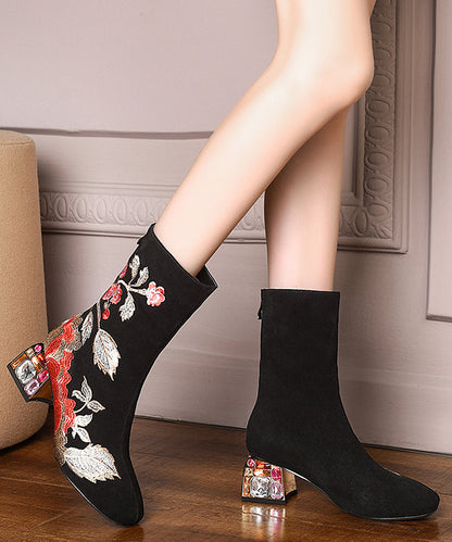 Beautiful Black Zircon Embroidered Suede Chunky Boots RT1074