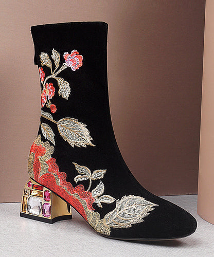 Beautiful Black Zircon Embroidered Suede Chunky Boots RT1074