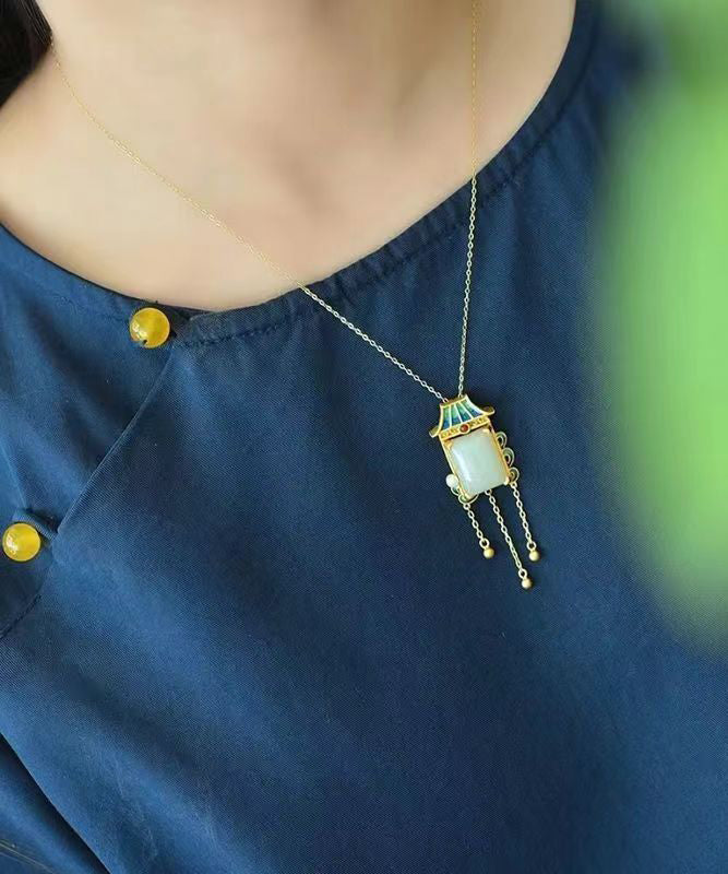 Beautiful Blue Copper Overgild Jade Agate Pagoda Tassel Pendant Necklace KX1065