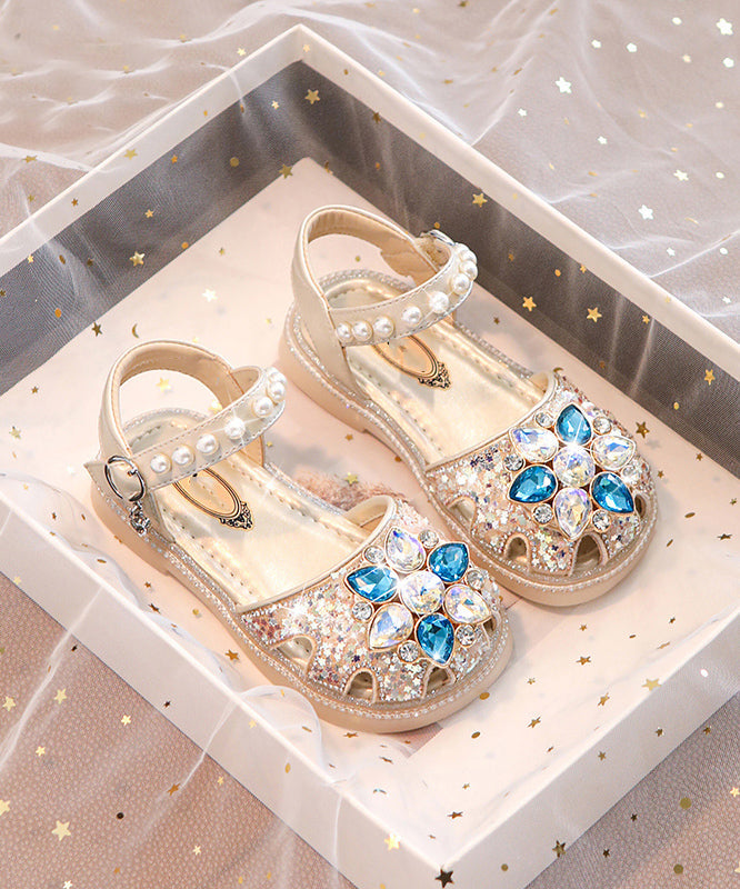 Blau Hohl Schnalle Schöne Mädchen Kristall Sandalen Strap Out Flache