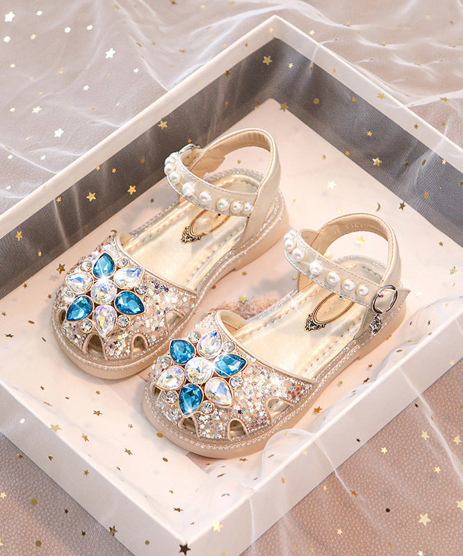 Blau Hohl Schnalle Schöne Mädchen Kristall Sandalen Strap Out Flache