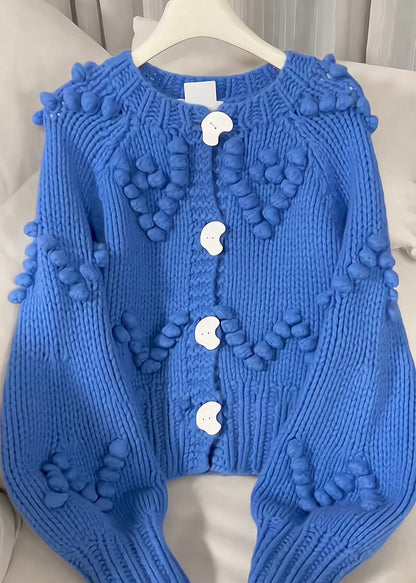 Beautiful Blue O-Neck Button Cotton Knit Cardigan Fall RK012