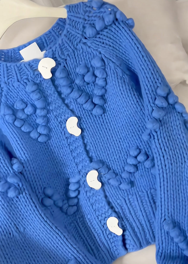 Beautiful Blue O-Neck Button Cotton Knit Cardigan Fall RK012