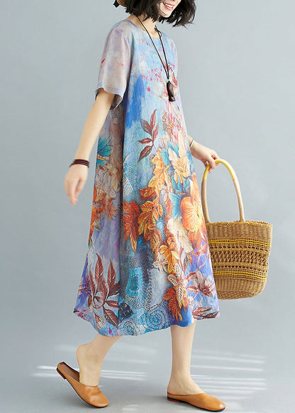 Beautiful Blue O Neck Print Cotton Dresses Summer JH026