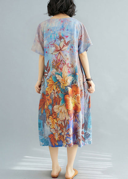 Beautiful Blue O Neck Print Cotton Dresses Summer JH026