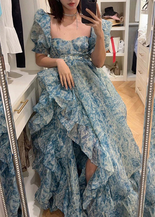 Belle robe longue en mousseline de soie à imprimé bleu avec volants et ouverture latérale pour l'été XX041