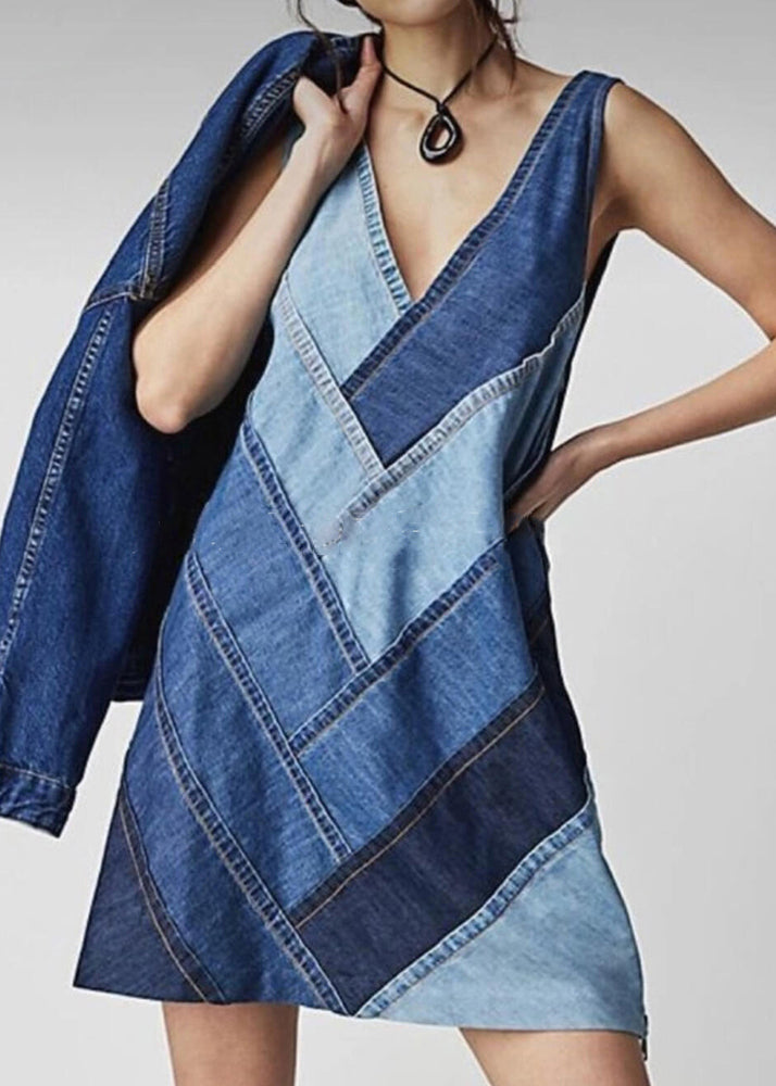 Sleeveless Patchwork Neck Dress V Beautiful Blue Denim