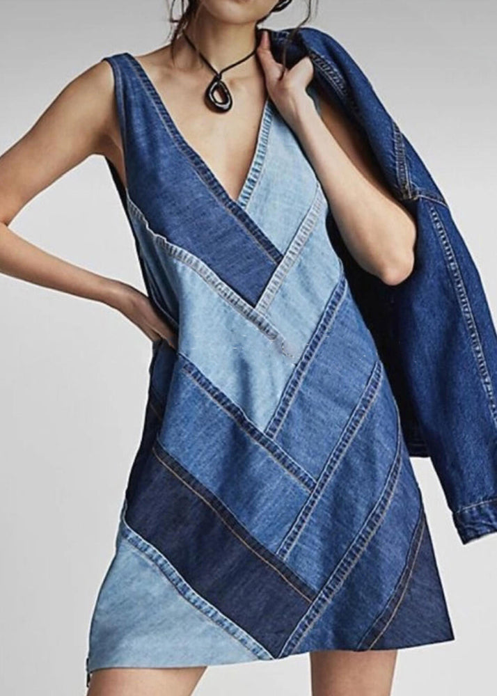 Sleeveless Patchwork Neck Dress V Beautiful Blue Denim