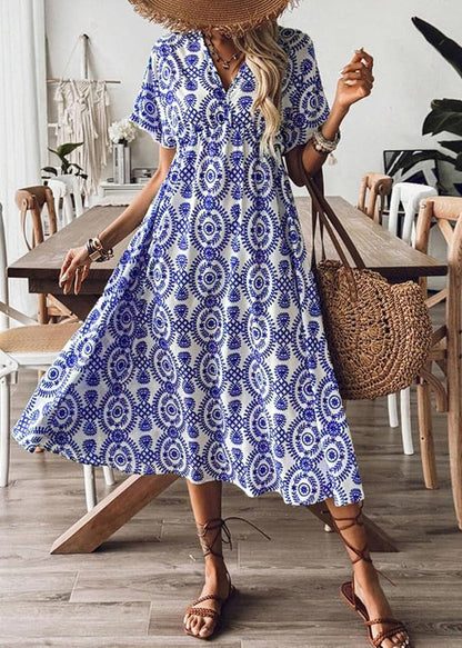 Beautiful Blue V Neck Print Cotton Vacation Dresses Summer AU1029