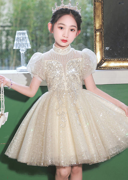 Beautiful Champagne Stand Collar Sequins Tulle Kids Mid Dresses Summer XZ037