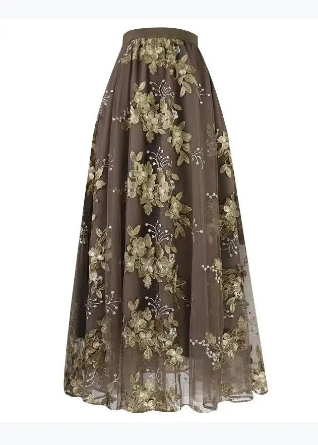 Beautiful Coffee Embroidered High Waist Tulle Skirts Spring HA1010 Ada Fashion