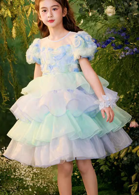 Belle robe mi-longue en tulle à col rond et blocs de couleurs pour filles, été XZ045