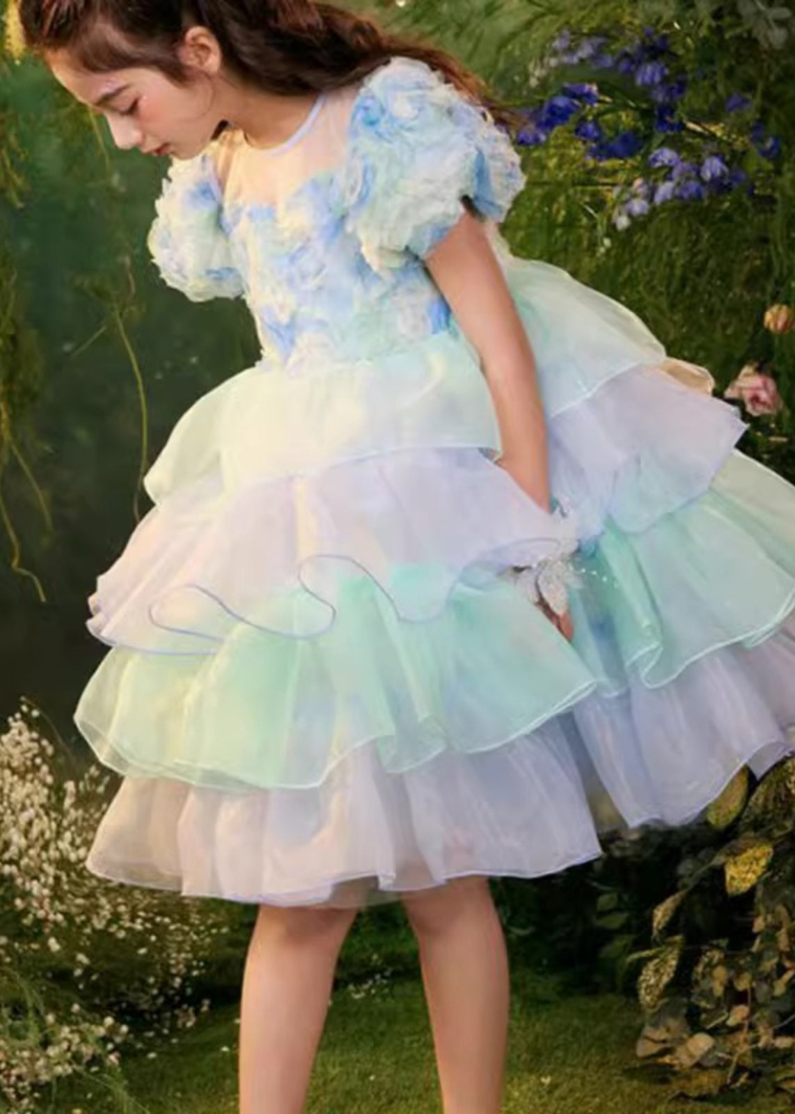 Belle robe mi-longue en tulle à col rond et blocs de couleurs pour filles, été XZ045