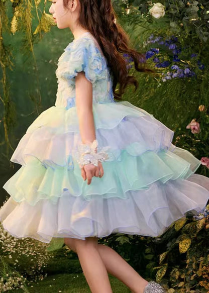 Beautiful Colorblock O-Neck Tulle Patchwork Girls Mid Dress Summer XZ045