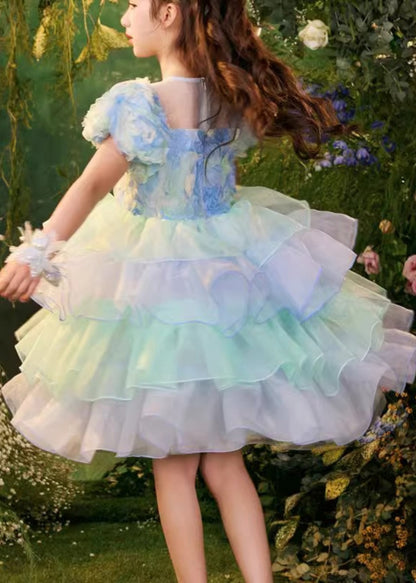 Beautiful Colorblock O-Neck Tulle Patchwork Girls Mid Dress Summer XZ045