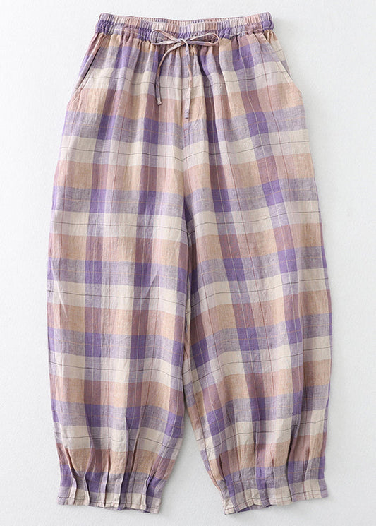 Pantalon sarouel surdimensionné en lin à carreaux et blocs de couleurs pour l'été