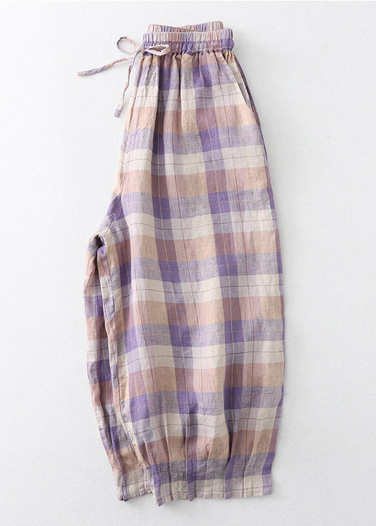 Oversized Linen Beautiful Harem Pants Plaid Colorblock Summer