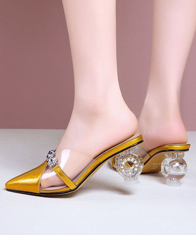 Beautiful Crystal Chunky Heel Yellow Zircon Faux Leather Slide Sandals RT1025