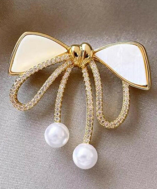 Beautiful Gold Sterling Silver Alloy Zircon Bow Pearl Brooches WP005