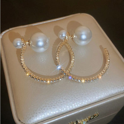 Beautiful Gold Sterling Silver Alloy Zircon Pearl Hoop Earrings ZZ057