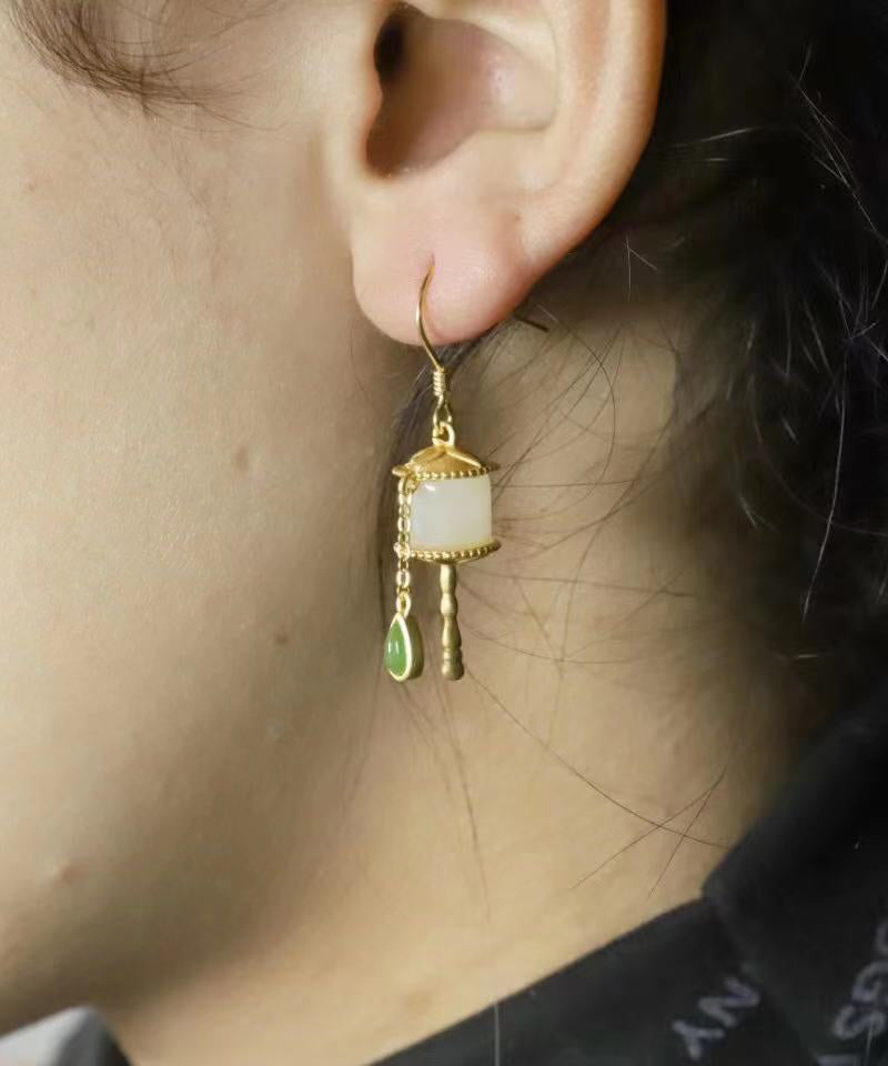 Beautiful Gold Sterling Silver Overgild Jade Tassel Drop Earrings GH1016