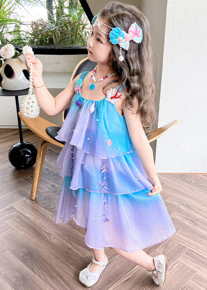 Beautiful Gradient Color Zippered Patchwork Chiffon Girls Dresses Sleeveless TT043