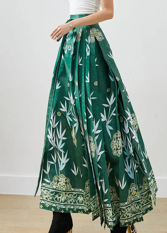 Beautiful Green Bamboo Leaf Print Exra Large Hem Silk Pleated Skirts Fall Ada Fashion