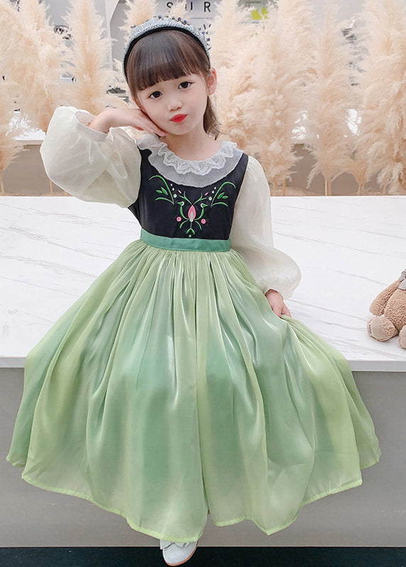 Schönes grünes, schmeichelndes Maxikleid aus besticktem Tüll für Kinder, Frühling, YE021