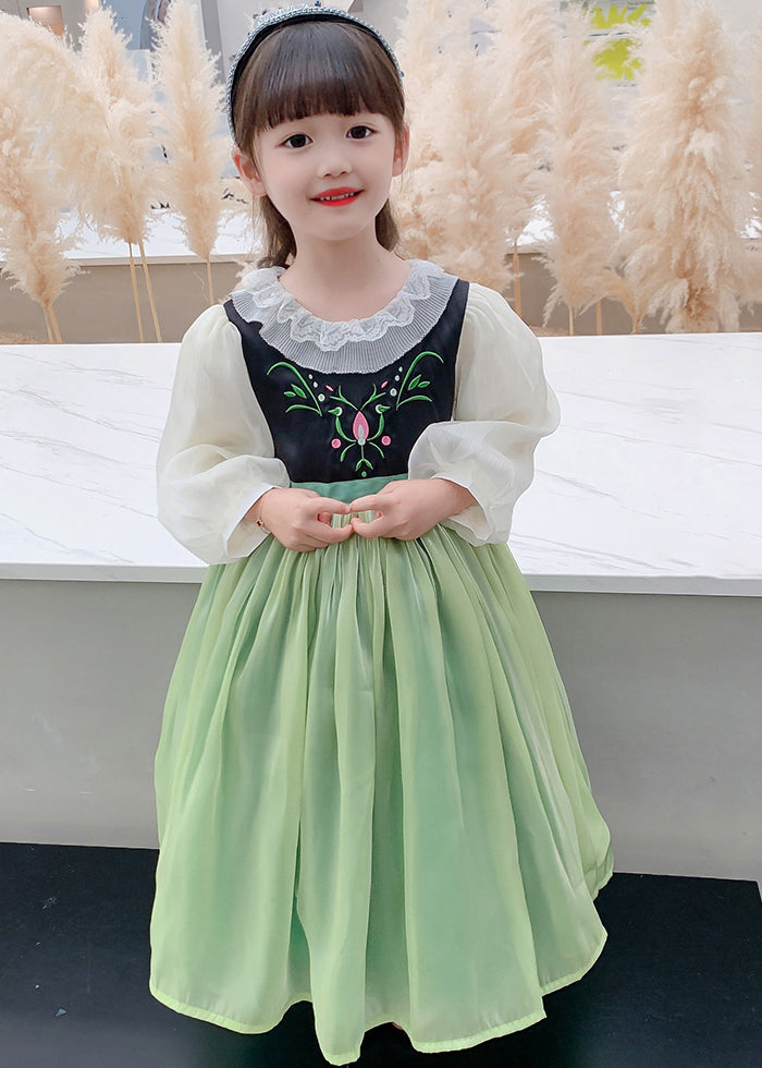 Schönes grünes, schmeichelndes Maxikleid aus besticktem Tüll für Kinder, Frühling, YE021