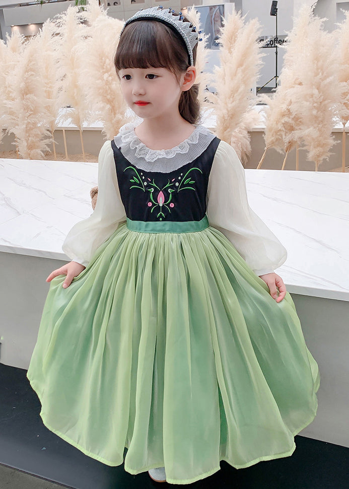 Schönes grünes, schmeichelndes Maxikleid aus besticktem Tüll für Kinder, Frühling, YE021
