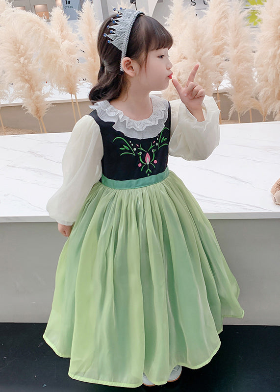 Schönes grünes, schmeichelndes Maxikleid aus besticktem Tüll für Kinder, Frühling, YE021