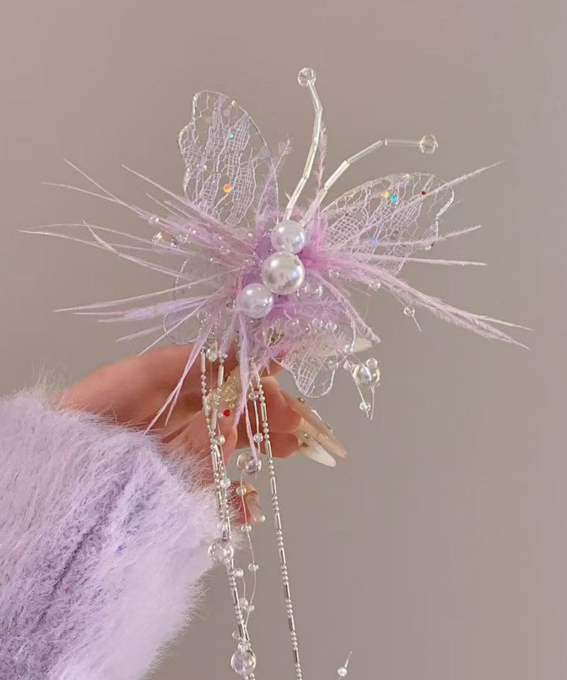 Beautiful Lace Hairpin Green Butterfly Feather Pearl Tassel