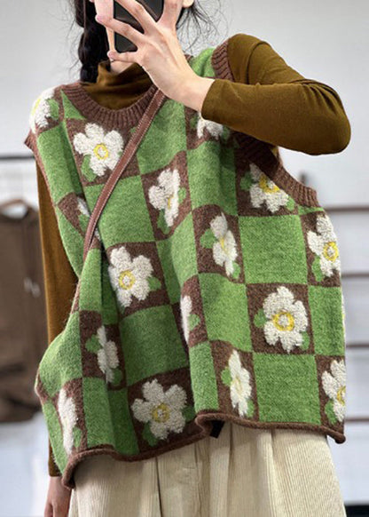 Beautiful Green Oversized Floral Knit Vests Winter OO012