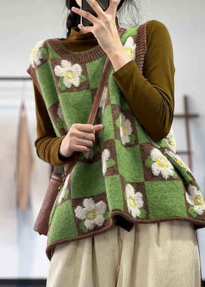 Beautiful Green Oversized Floral Knit Vests Winter OO012