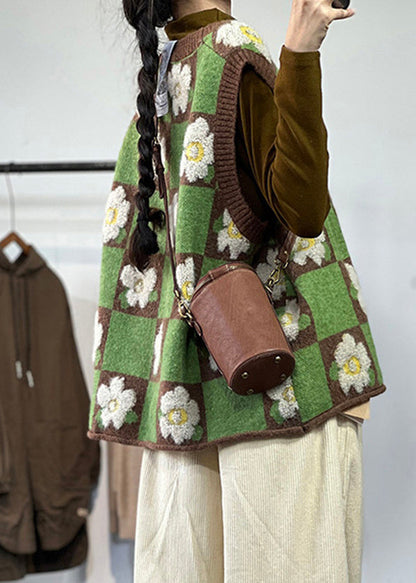 Beautiful Green Oversized Floral Knit Vests Winter OO012