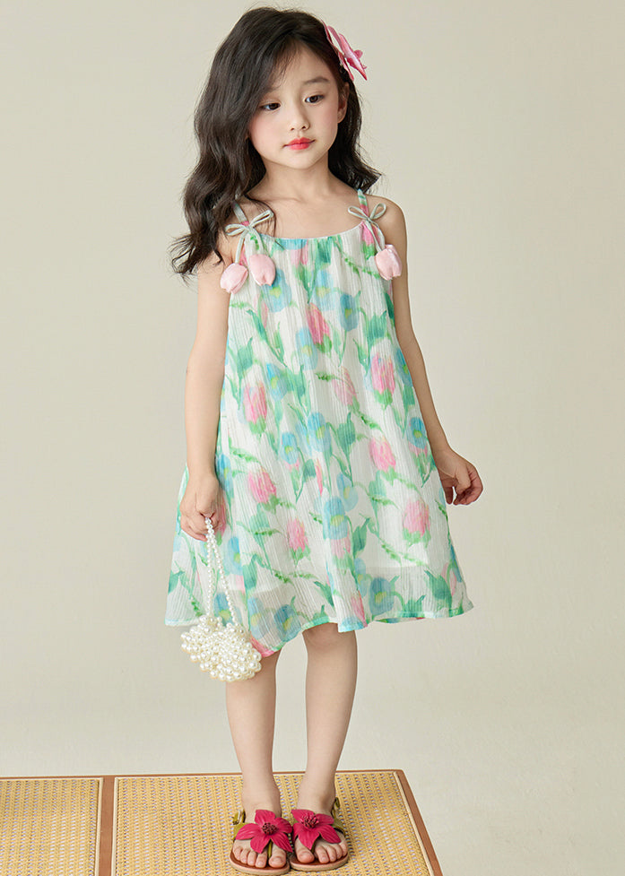 Belle robe à bretelles spaghetti en coton patchwork imprimé vert pour filles sans manches EW038