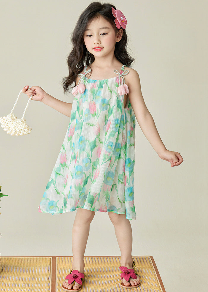 Belle robe à bretelles spaghetti en coton patchwork imprimé vert pour filles sans manches EW038