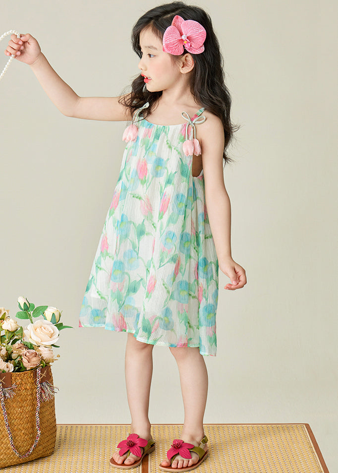 Belle robe à bretelles spaghetti en coton patchwork imprimé vert pour filles sans manches EW038