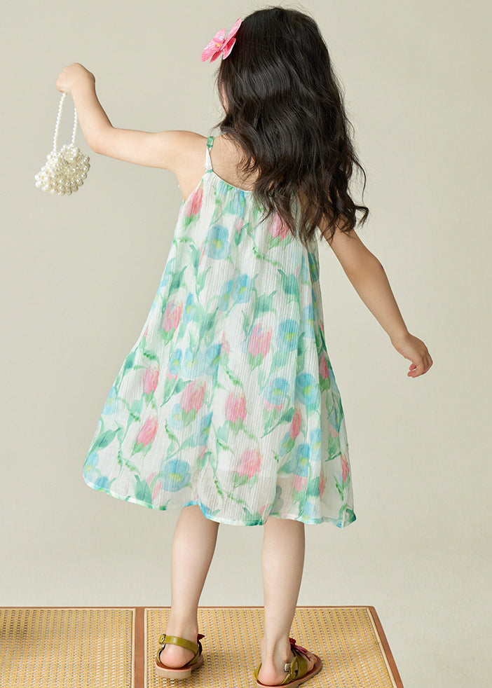 Belle robe à bretelles spaghetti en coton patchwork imprimé vert pour filles sans manches EW038