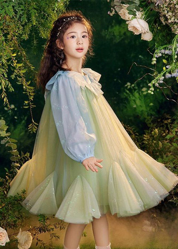 Belles robes longues en tulle à paillettes vertes pour enfants, manches bouffantes, TV031