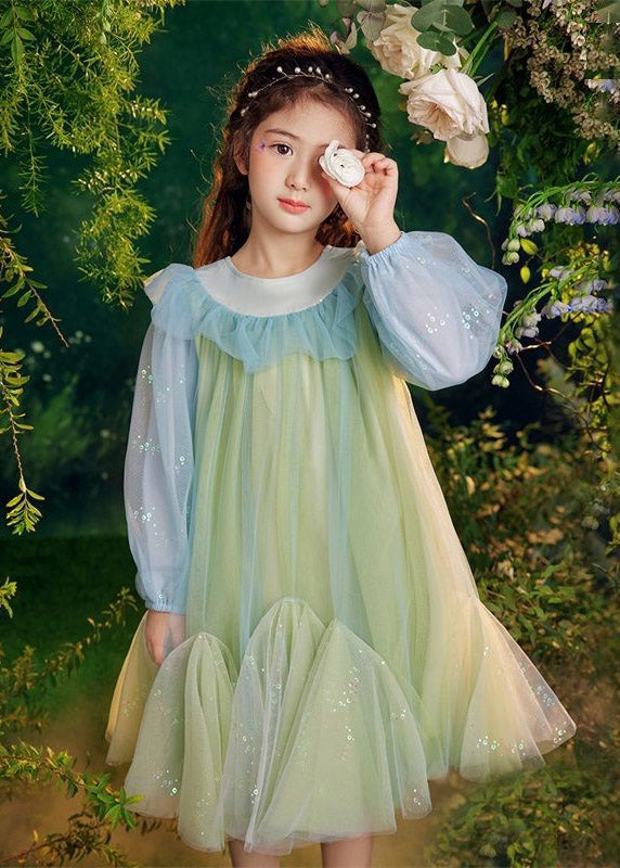 Belles robes longues en tulle à paillettes vertes pour enfants, manches bouffantes, TV031
