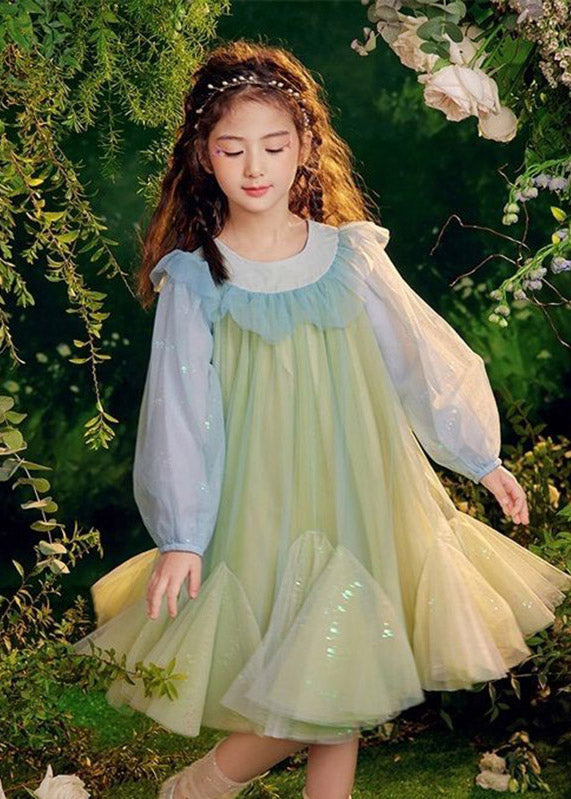 Belles robes longues en tulle à paillettes vertes pour enfants, manches bouffantes, TV031