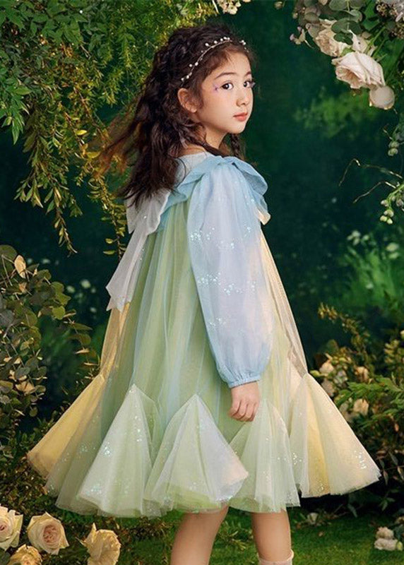 Belles robes longues en tulle à paillettes vertes pour enfants, manches bouffantes, TV031