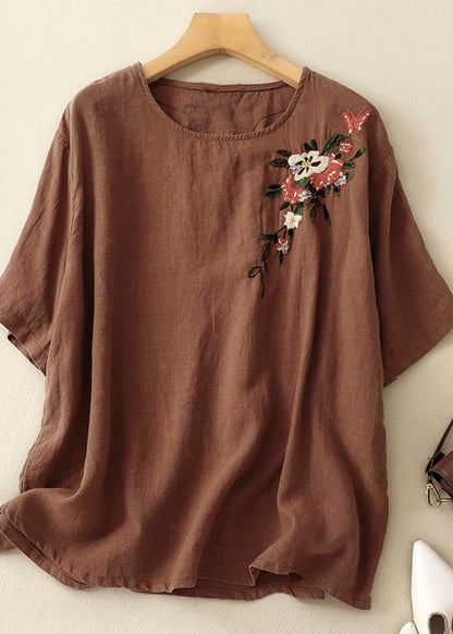 Beautiful Khaki O Neck Embroidered Linen T Shirts Summer AM1038