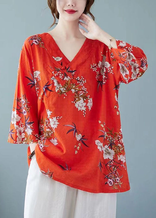 Beautiful Loose Red V Neck Print Cotton Top Summer FF022