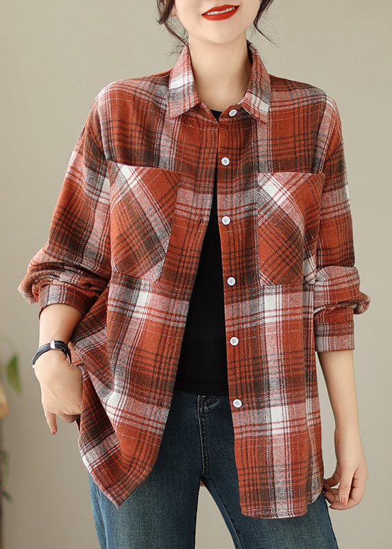 Beautiful Orange Peter Pan Collar Pockets Plaid Cotton Coat Fall QO050